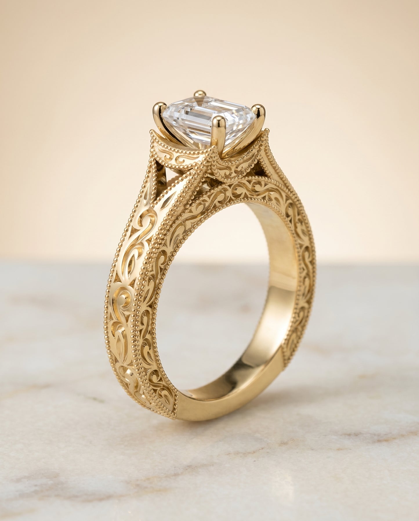 The Janis Solitaire Engagement Ring Setting for Emerald Cut Diamonds in 18K Yellow Gold