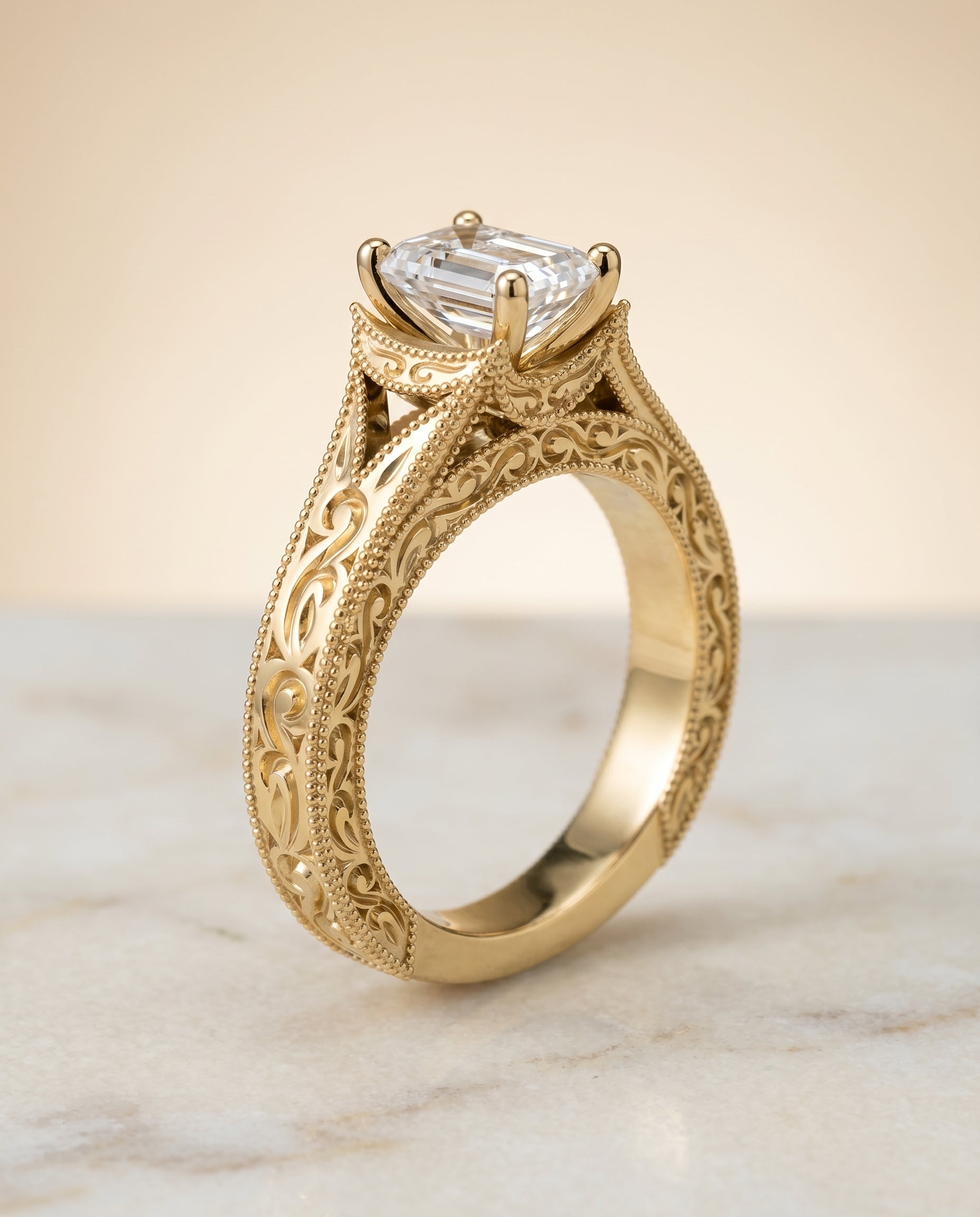 Hand Engraved Milgrain Vintage Solitaire Cut styling on The Janis emerald engagement ring setting | RockHer