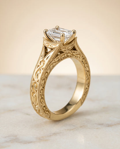 The Janis Hand Engraved Milgrain Vintage Solitaire Emerald Cut Engagement Ring Setting in 18K Yellow Gold
