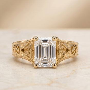 The Janis Hand Engraved Milgrain Vintage Solitaire Emerald Cut Engagement Ring Setting in 18K Yellow Gold
