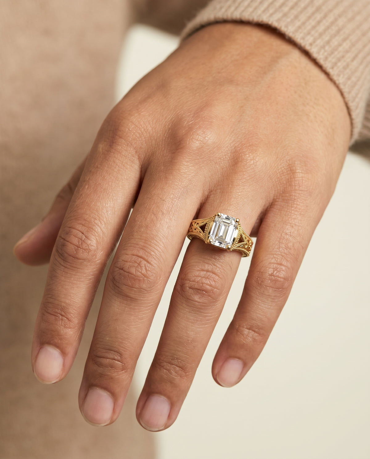 The Janis engagement ring setting in 18K Yellow Gold, hand engraved milgrain vintage solitaire cut design | RockHer