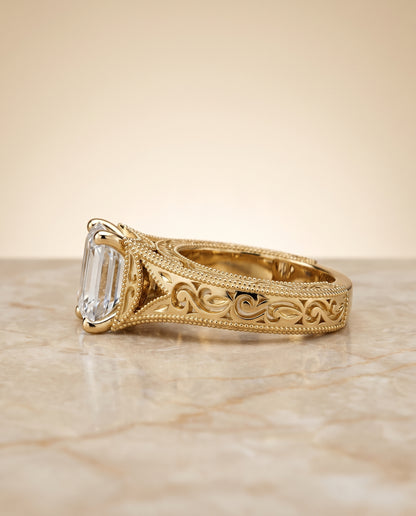 The Janis Hand Engraved Milgrain Vintage Solitaire Emerald Cut Engagement Ring Setting in 18K Yellow Gold