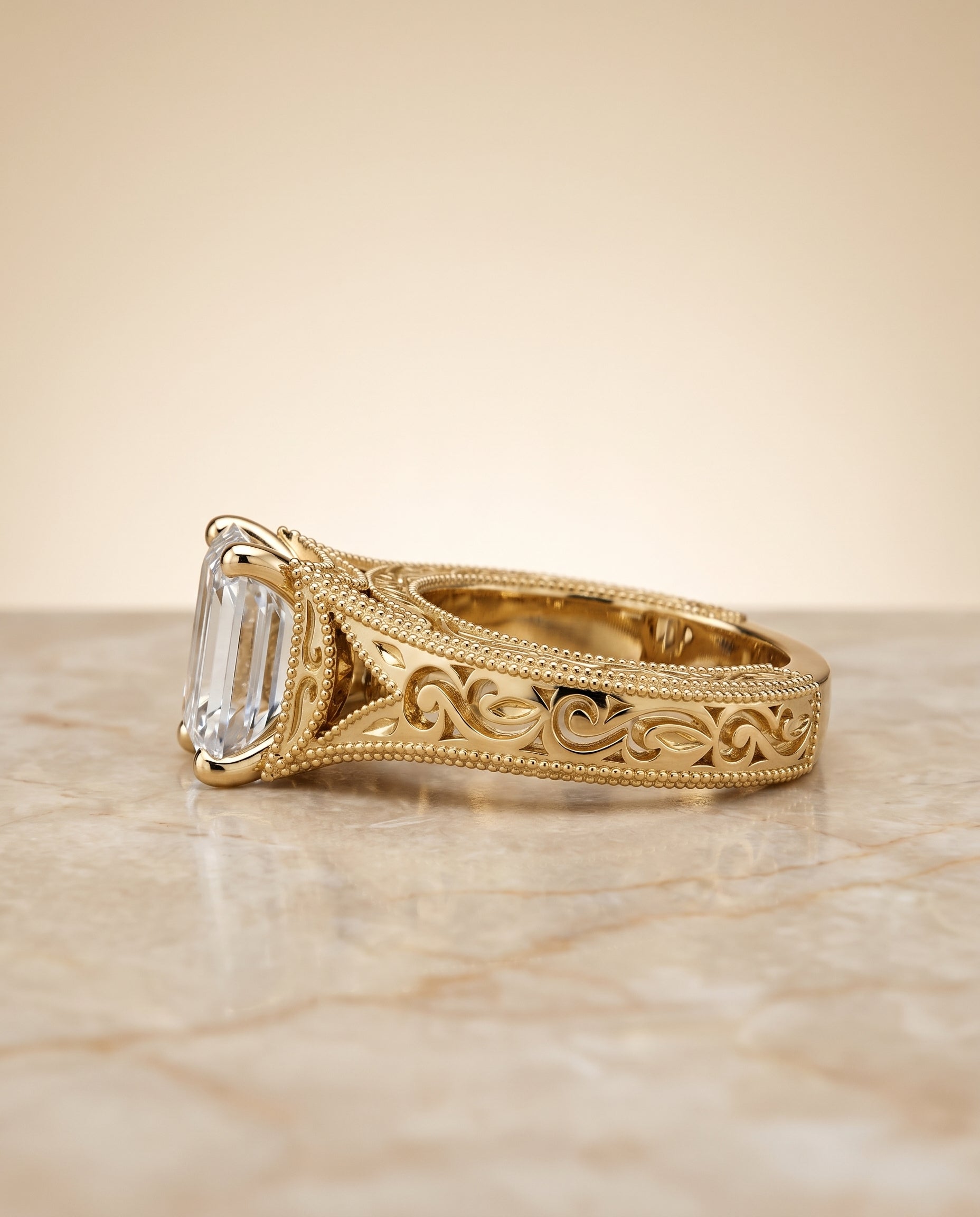 Janis Select Vintage Solitaire Emerald Cut Lab Diamond Engagement Ring in 18K Yellow Gold, side view | RockHer