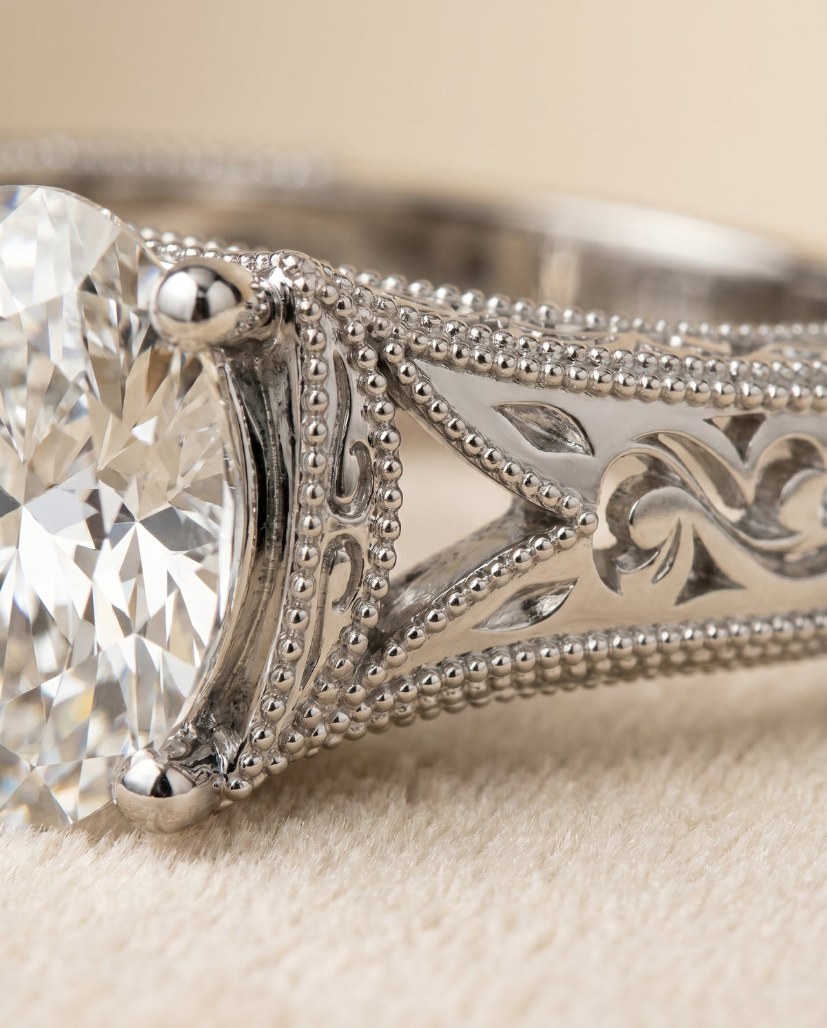Janis Select Vintage Solitaire Oval Lab Diamond Engagement Ring in 18K White Gold, detail view | RockHer
