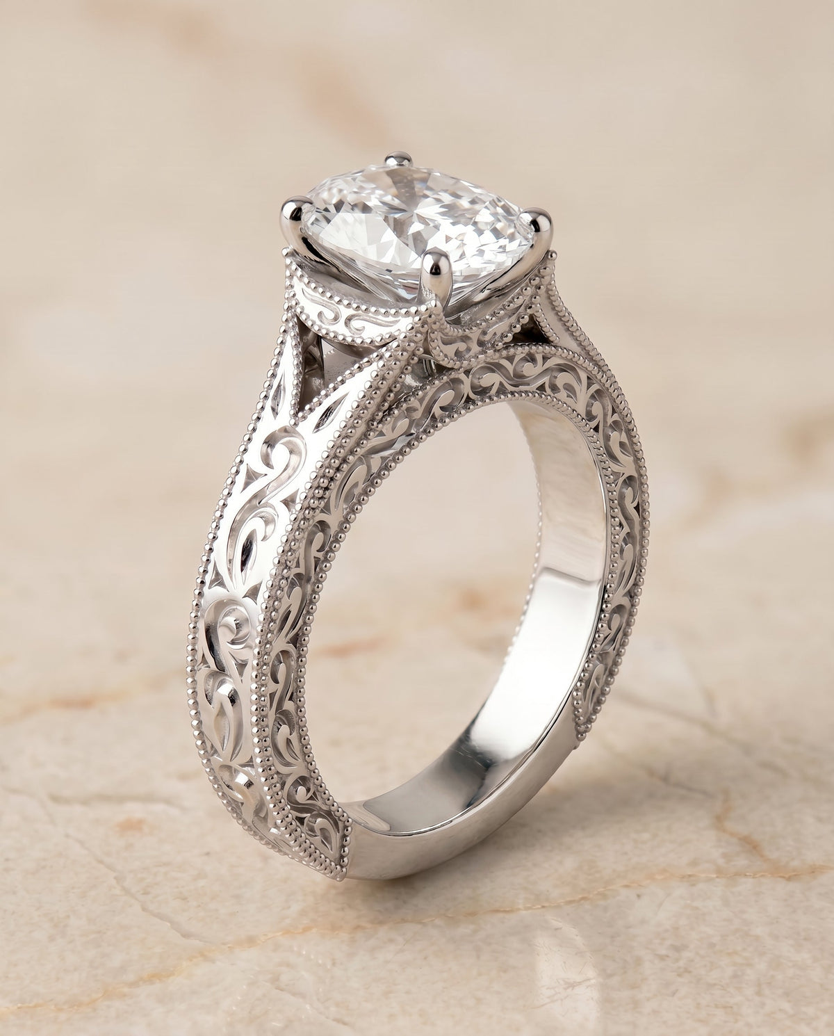 Janis Select Vintage Solitaire Oval Lab Diamond Engagement Ring in 18K White Gold, front view | RockHer