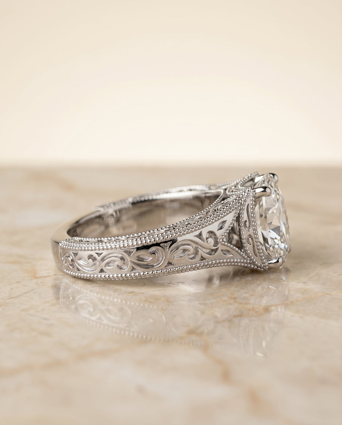 Janis Select Vintage Solitaire Oval Lab Diamond Engagement Ring in 18K White Gold, side view | RockHer