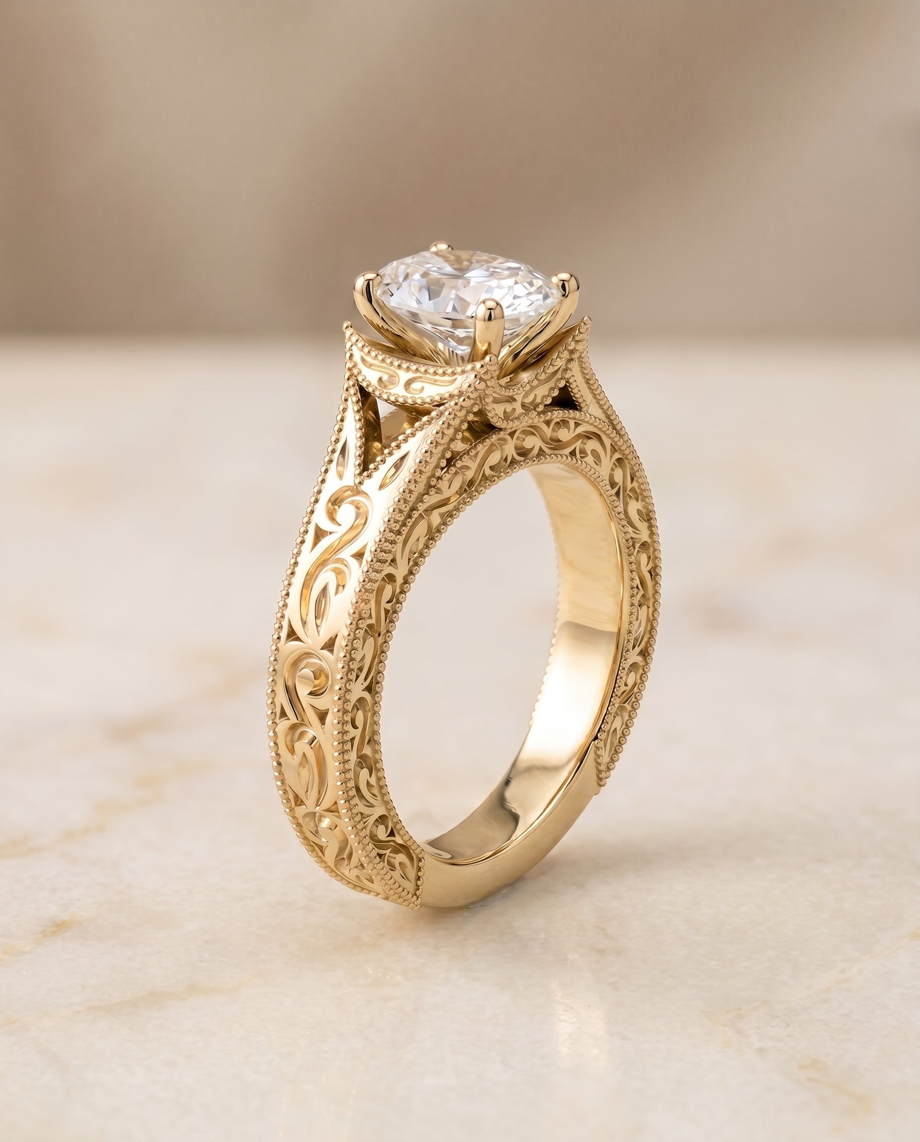Select Hand Engraved Milgrain Vintage Solitaire styling on The Janis oval engagement ring setting | RockHer