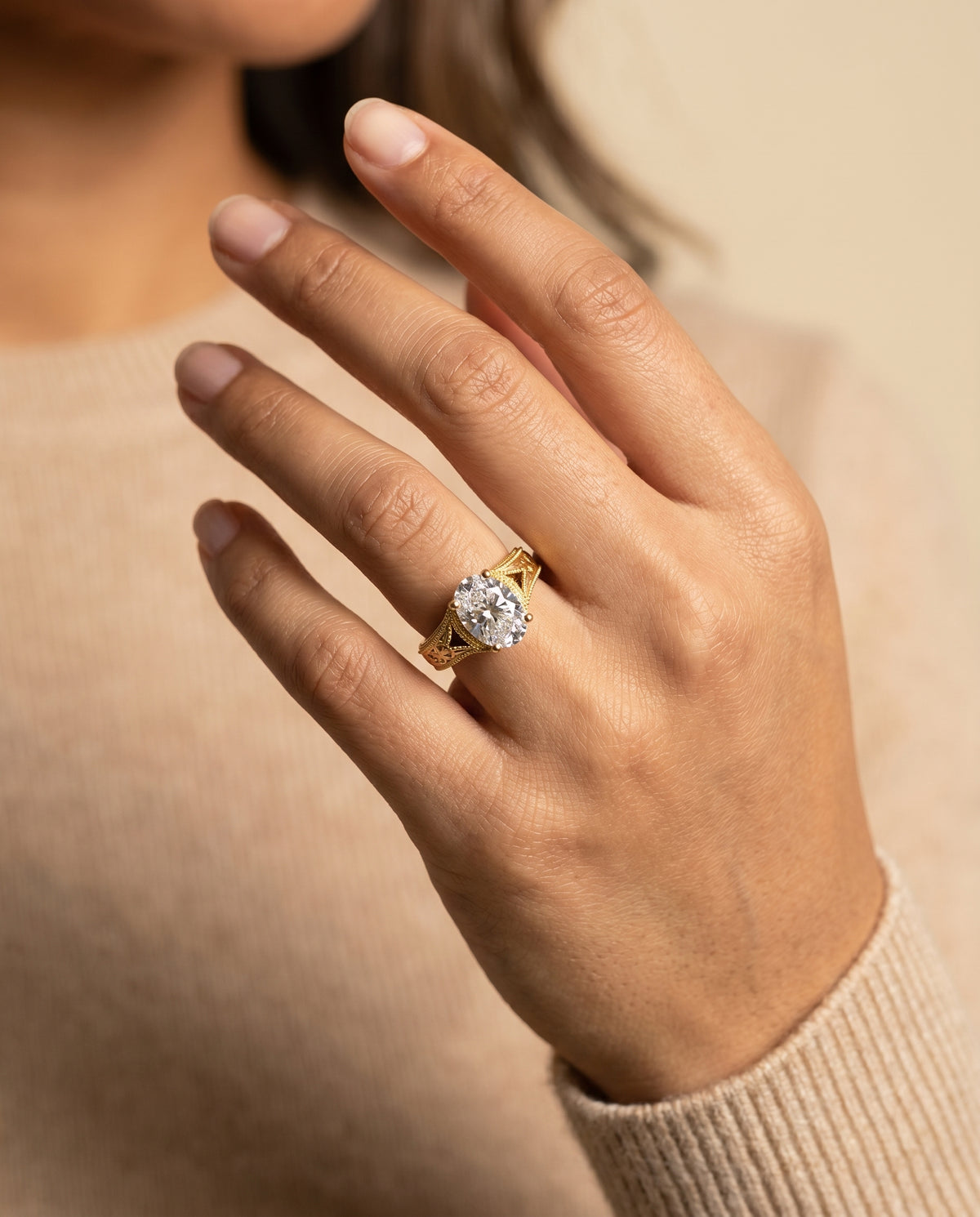 The Janis engagement ring setting in 18K Yellow Gold, hand engraved milgrain vintage solitaire design | RockHer