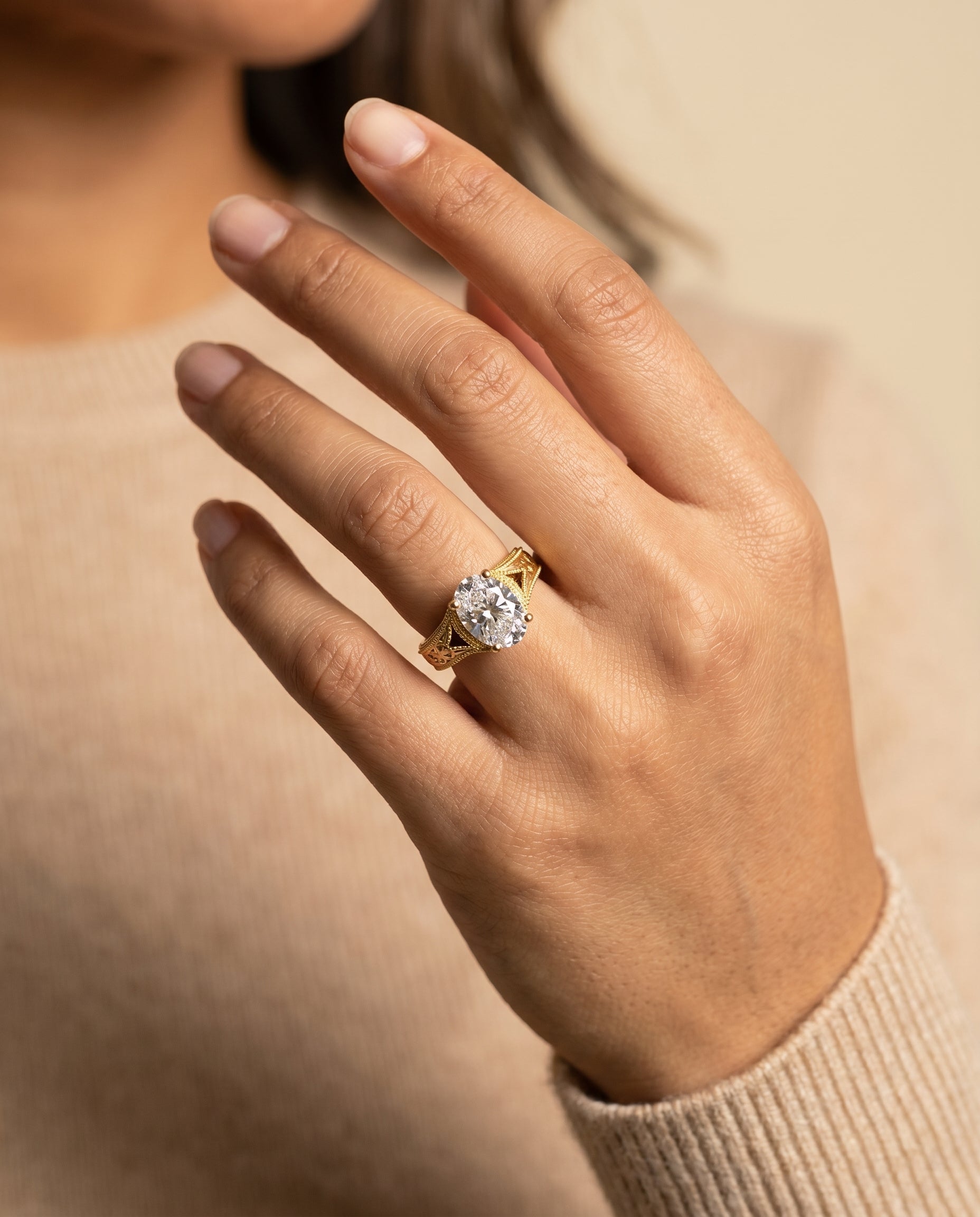 The Janis engagement ring setting in 18K Yellow Gold, select hand engraved milgrain vintage solitaire design | RockHer