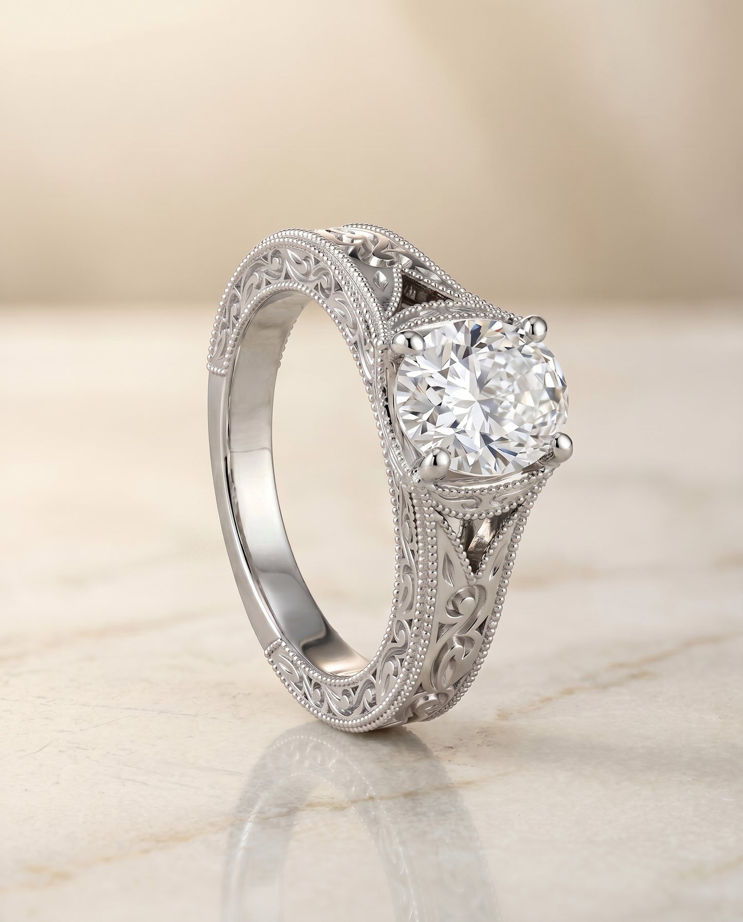 The Janis Vintage Solitaire Engagement Ring Setting for Oval Diamonds in Platinum
