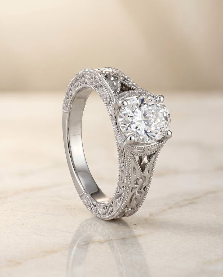 The Janis Vintage Solitaire Engagement Ring Setting for Oval Diamonds in Platinum