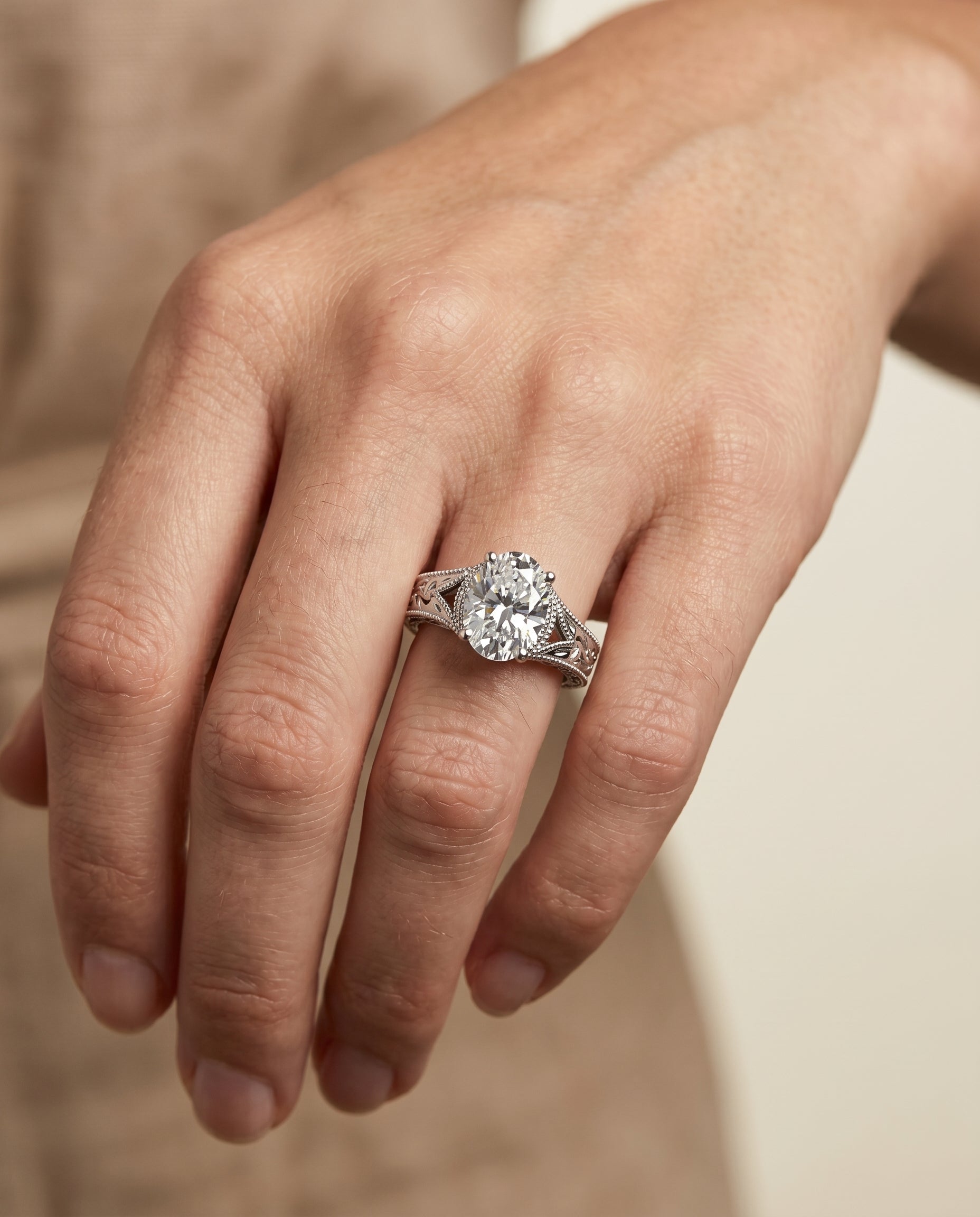 The Janis engagement ring setting in Platinum, hand engraved milgrain vintage solitaire design | RockHer