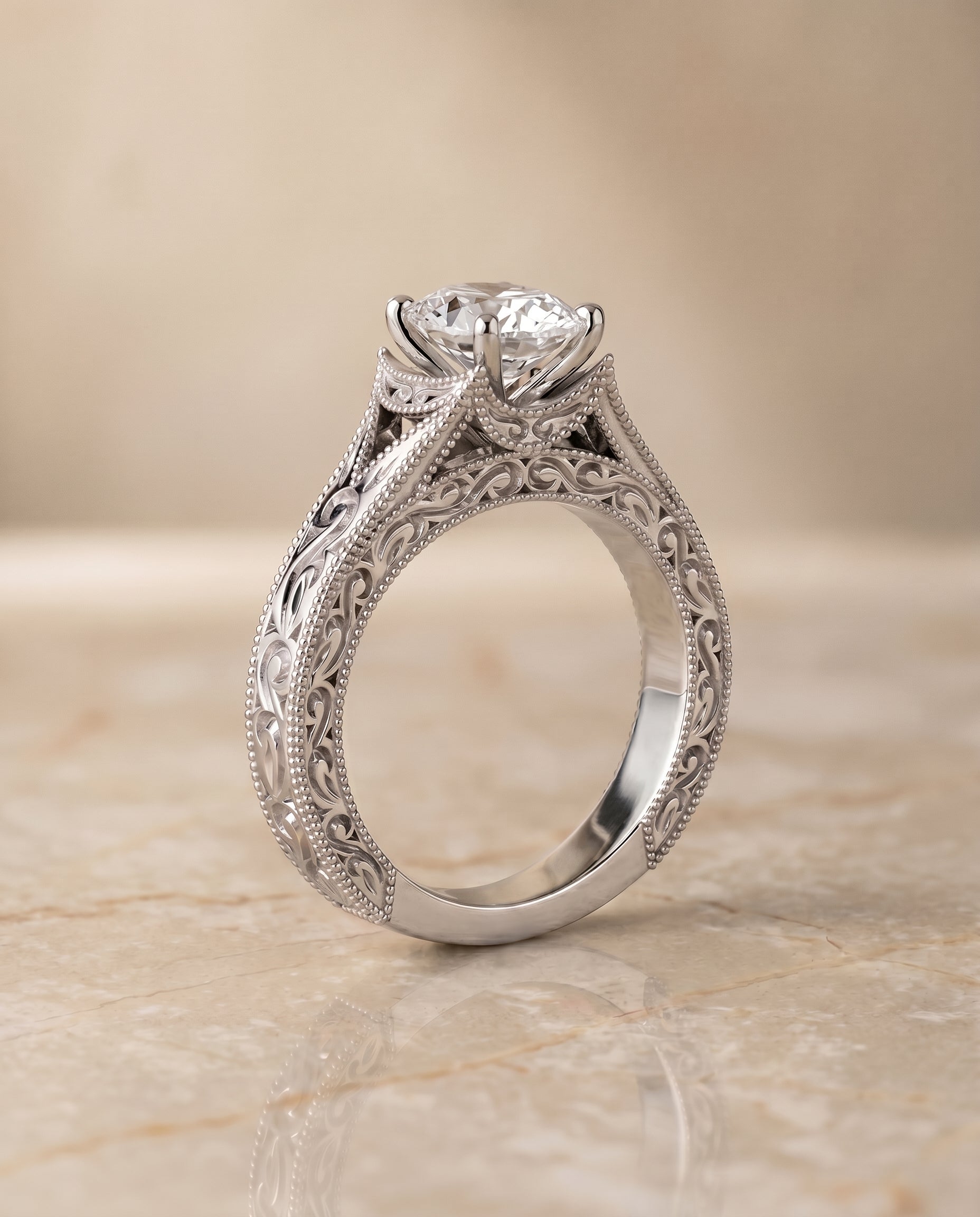 Hand Engraved Milgrain Vintage Solitaire styling on The Janis oval engagement ring setting | RockHer