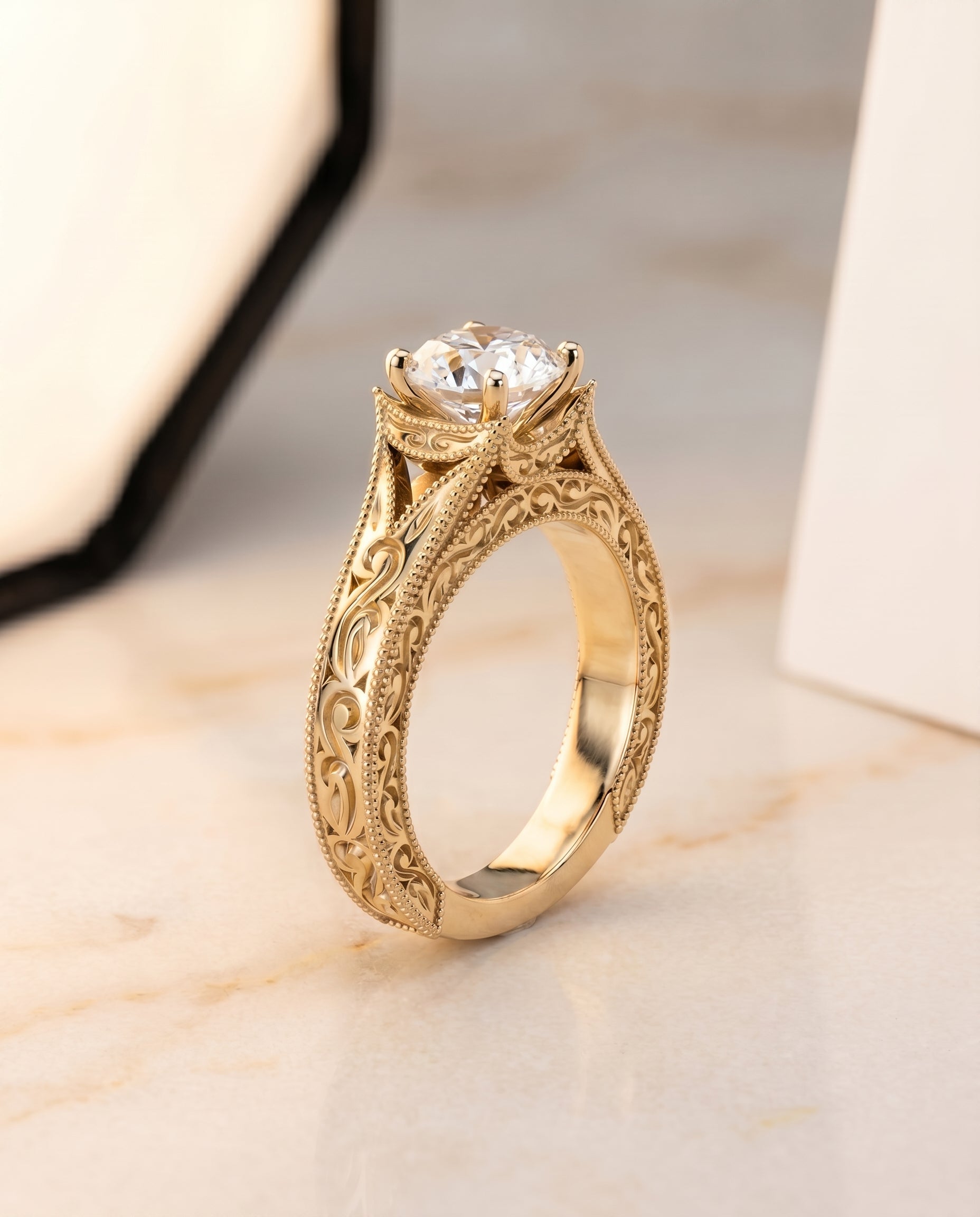 Janis Select Vintage Solitaire Round Lab Diamond Engagement Ring in 18K Yellow Gold, front view | RockHer