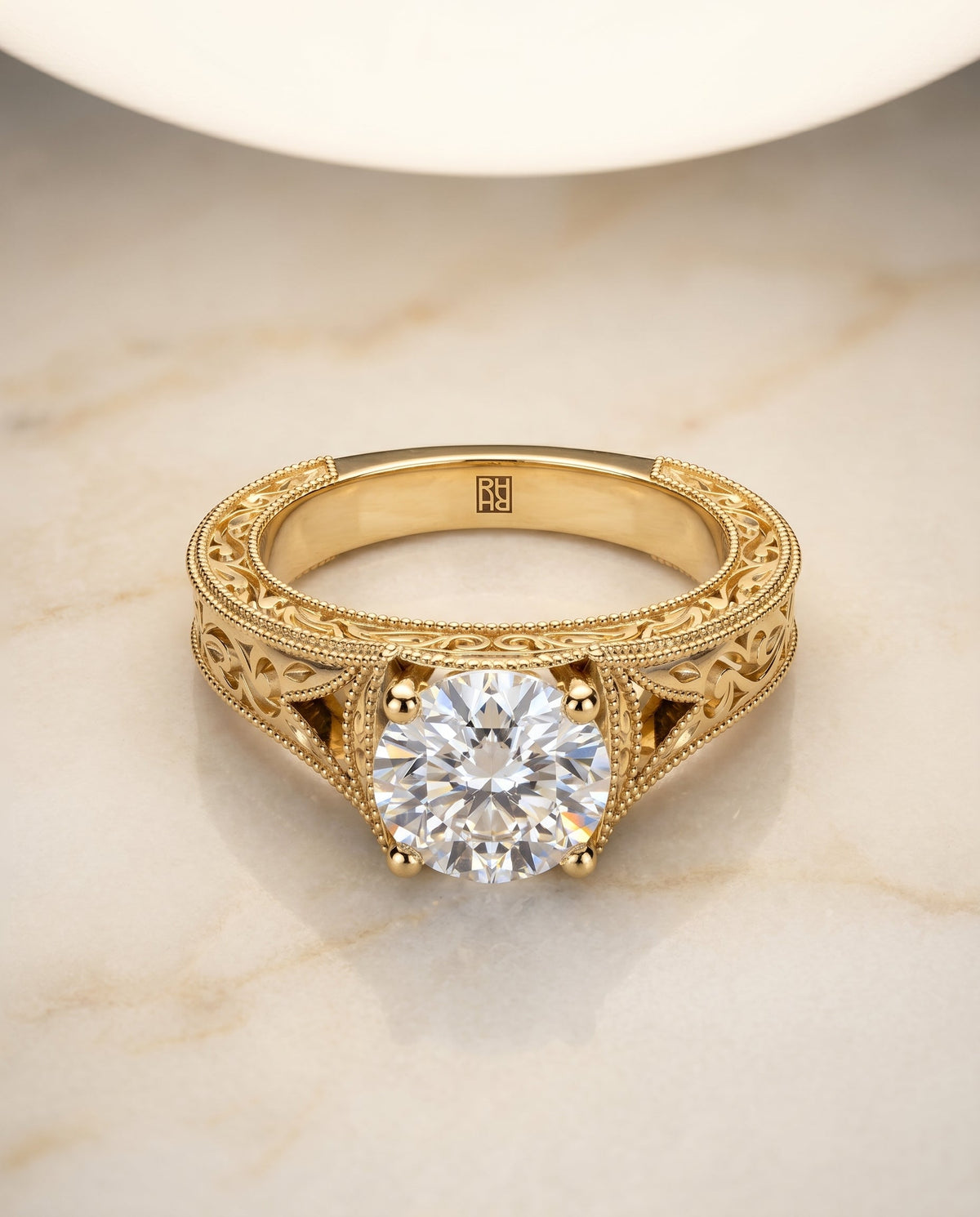 Janis Select Vintage Solitaire Round Lab Diamond Engagement Ring in 18K Yellow Gold, shown on hand, angled | RockHer