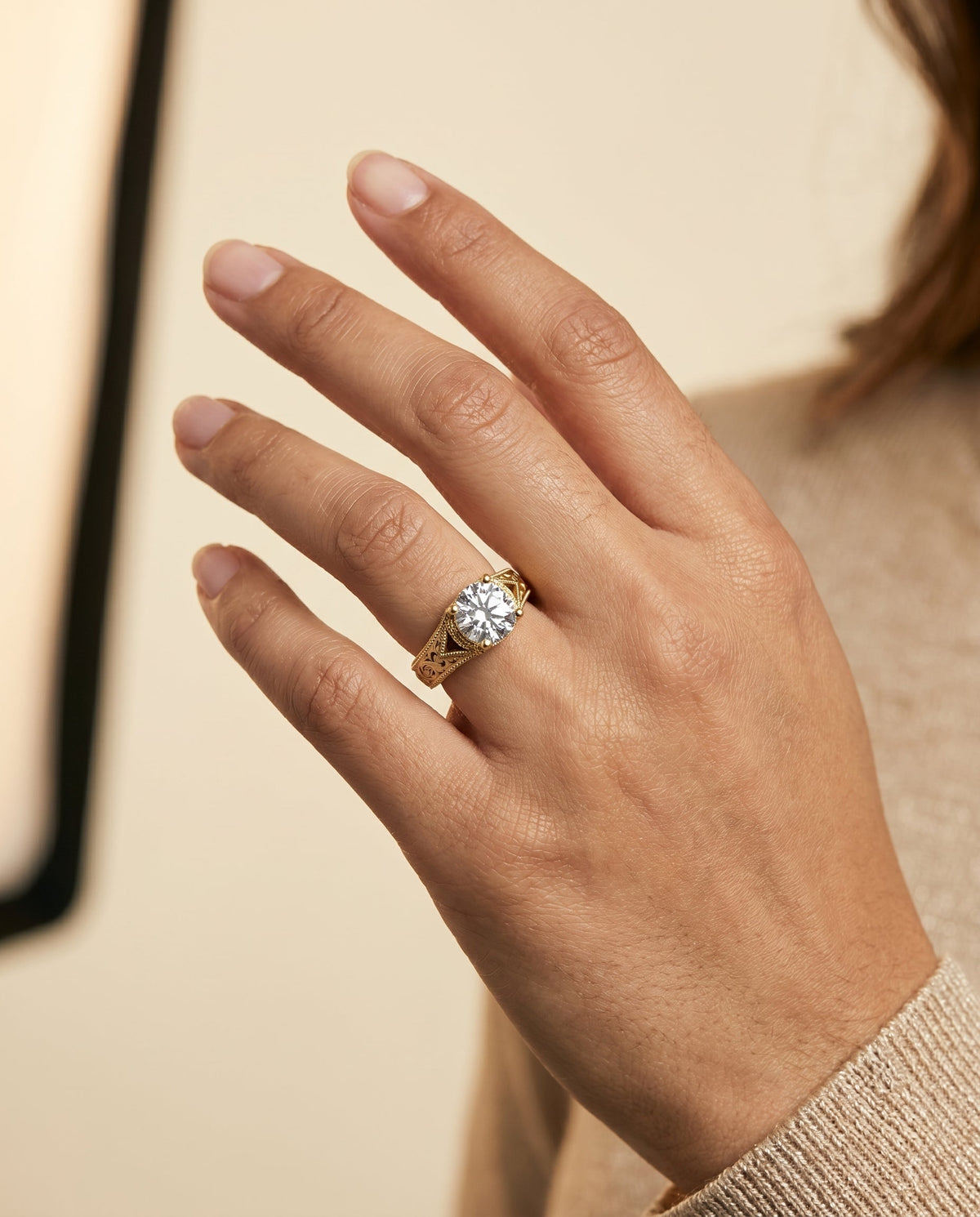 Janis Select Vintage Solitaire Round Lab Diamond Engagement Ring in 18K Yellow Gold, shown on hand | RockHer