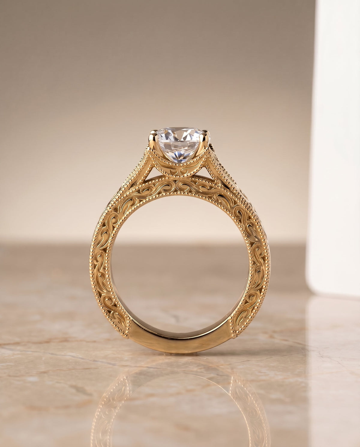 Janis Select Vintage Solitaire Round Lab Diamond Engagement Ring in 18K Yellow Gold, side view | RockHer