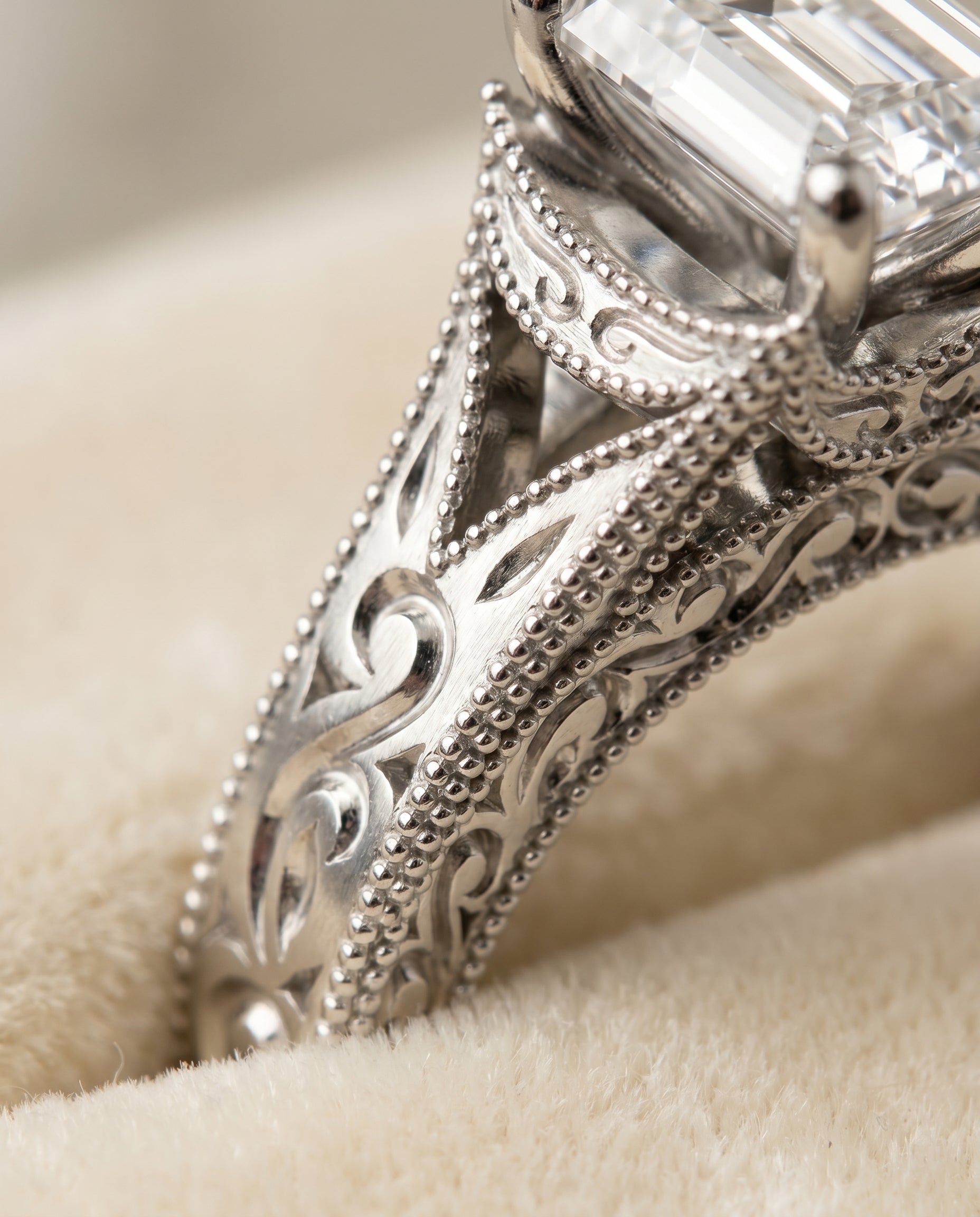 Platinum band of The Janis emerald engagement ring setting | RockHer