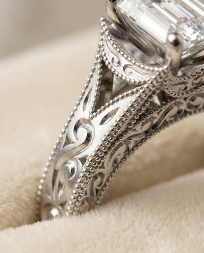Janis Select Vintage Solitaire Emerald Cut Lab Diamond Engagement Ring in Platinum, detail view | RockHer