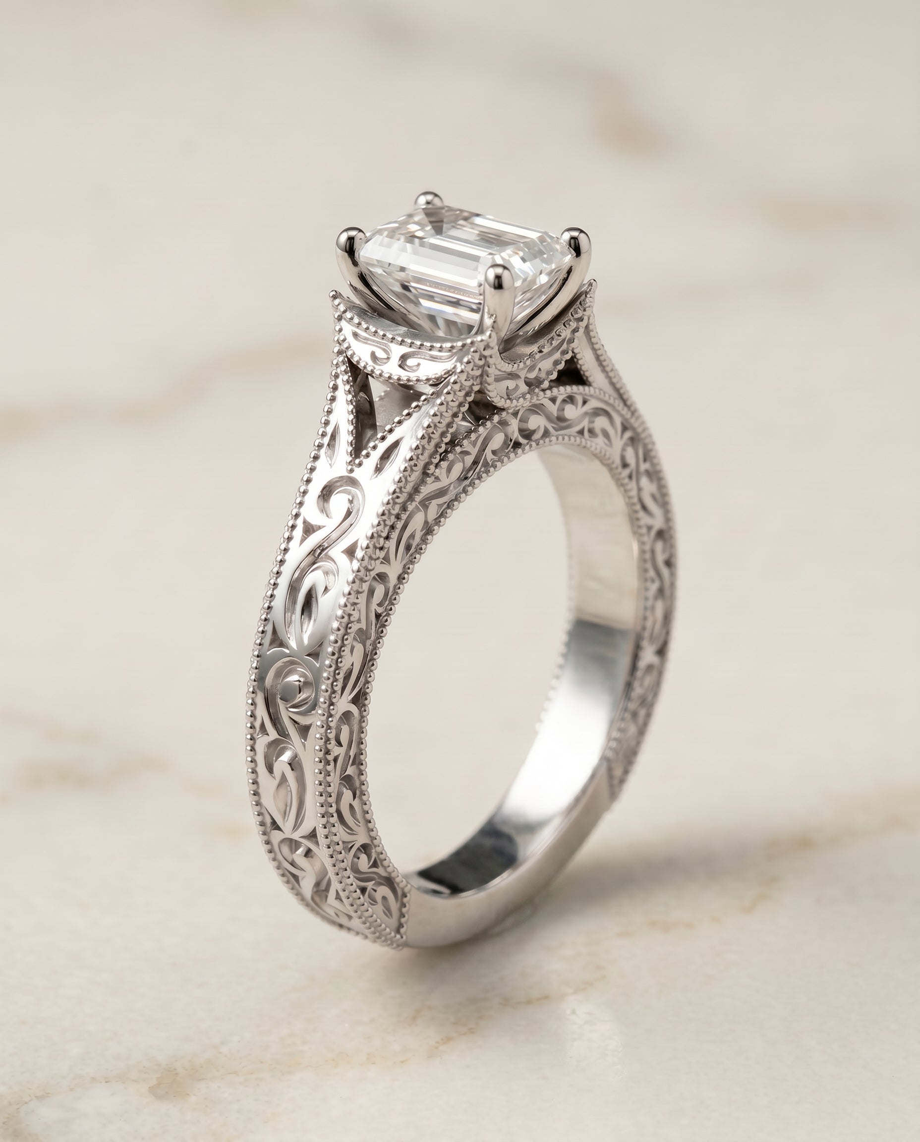 Hand Engraved Milgrain Vintage Solitaire Cut styling on The Janis emerald engagement ring setting | RockHer