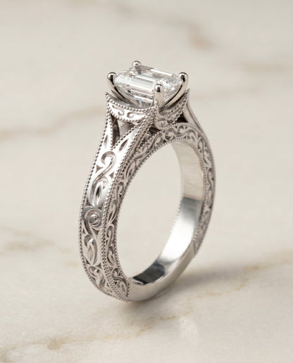 Janis Select Vintage Solitaire Emerald Cut Lab Diamond Engagement Ring in Platinum, front view | RockHer