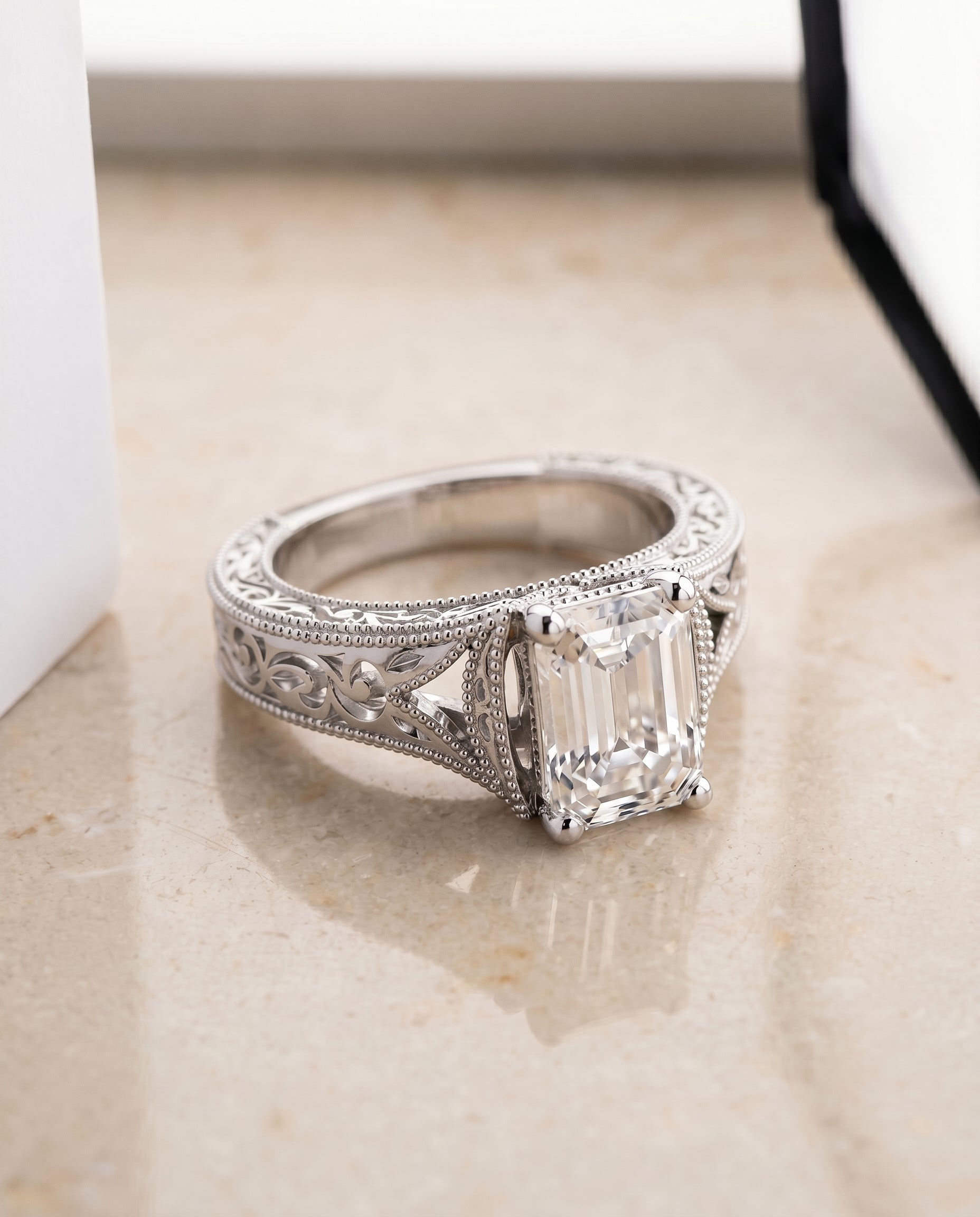 The Janis Hand Engraved Milgrain Vintage Solitaire Emerald Cut Engagement Ring Setting in Platinum