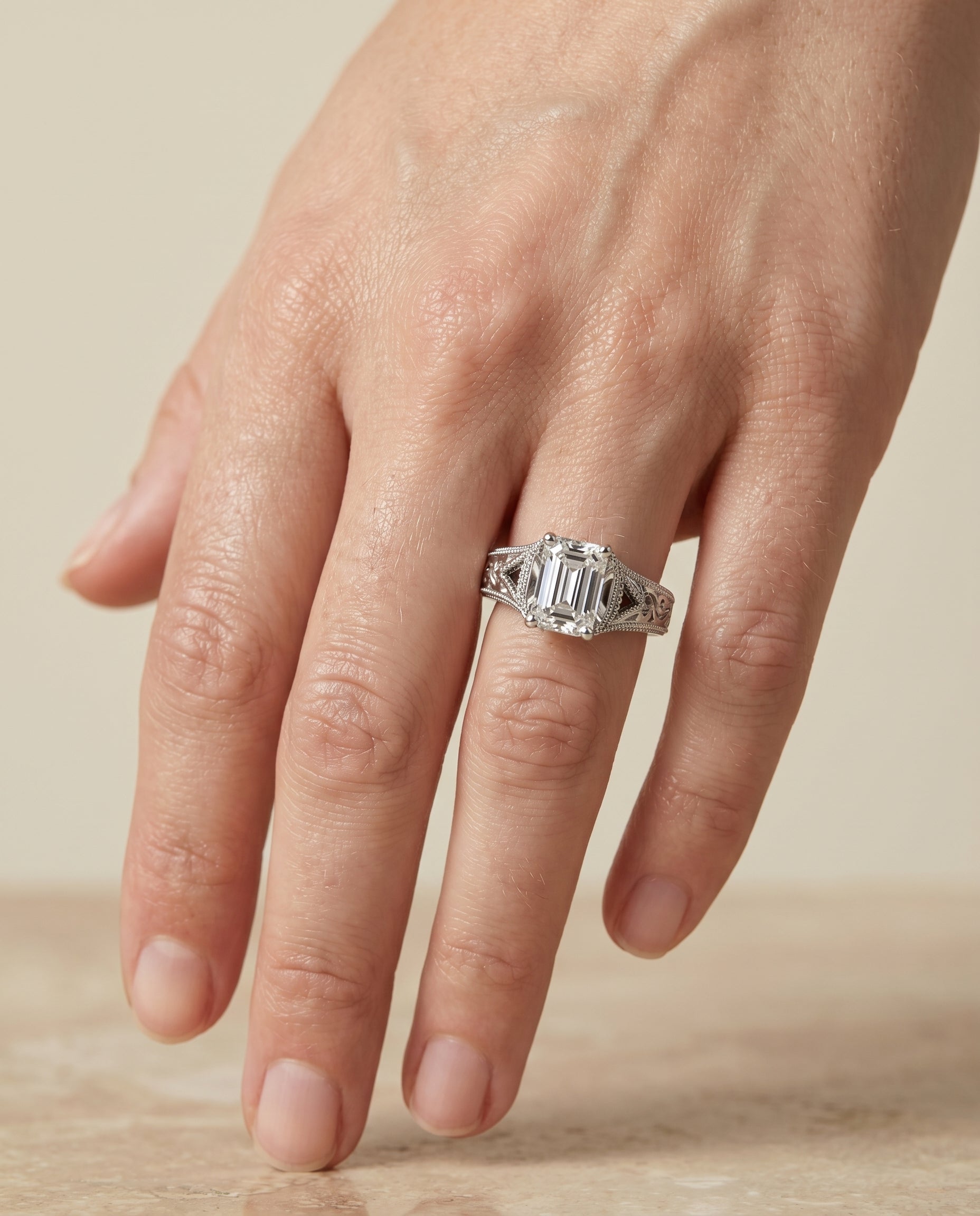 The Janis engagement ring setting in Platinum, hand engraved milgrain vintage solitaire cut design | RockHer