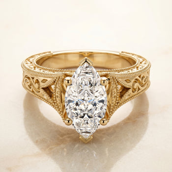 The Janis Hand Engraved Milgrain Vintage Solitaire Marquise Engagement Ring Setting in 18K Yellow Gold