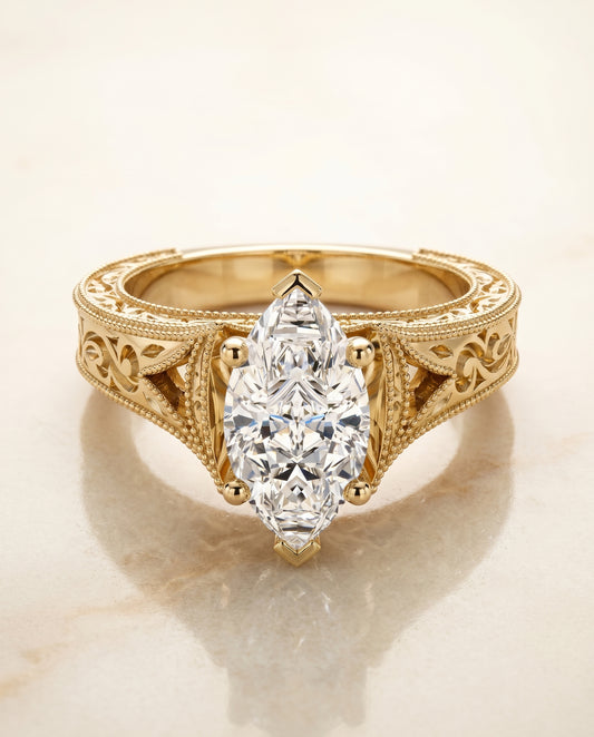 The Janis Vintage Solitaire Engagement Ring Setting for Marquise Diamonds in 18K Yellow Gold