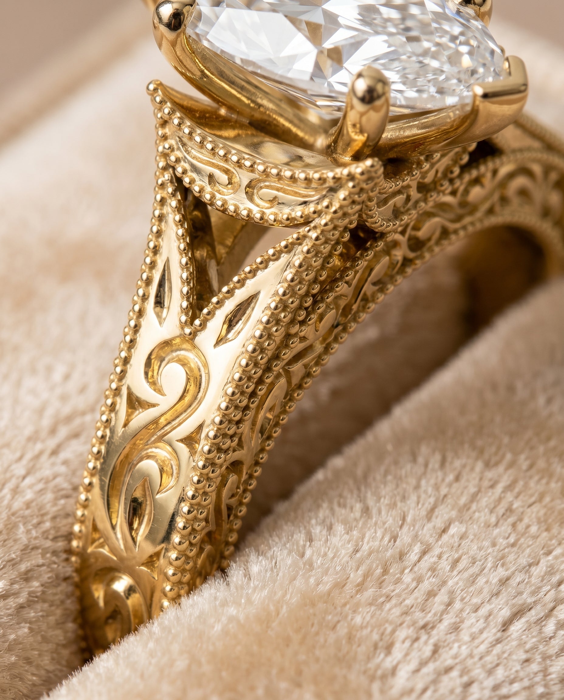 18K Yellow Gold band of The Janis marquise engagement ring setting | RockHer