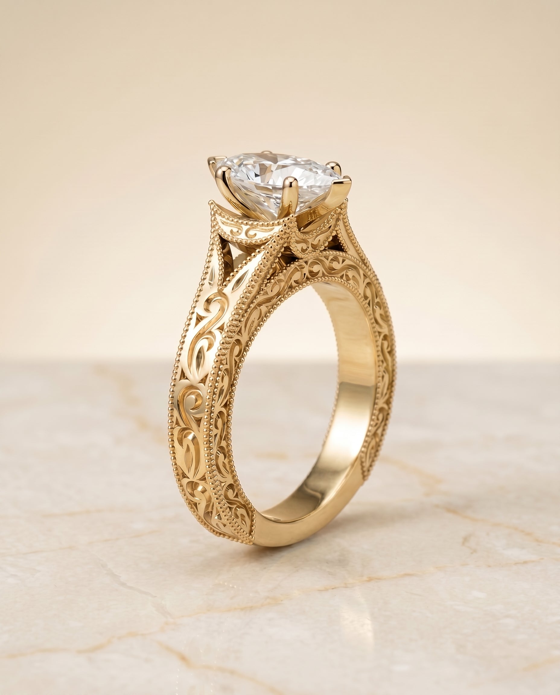 Hand Engraved Milgrain Vintage Solitaire styling on The Janis marquise engagement ring setting | RockHer