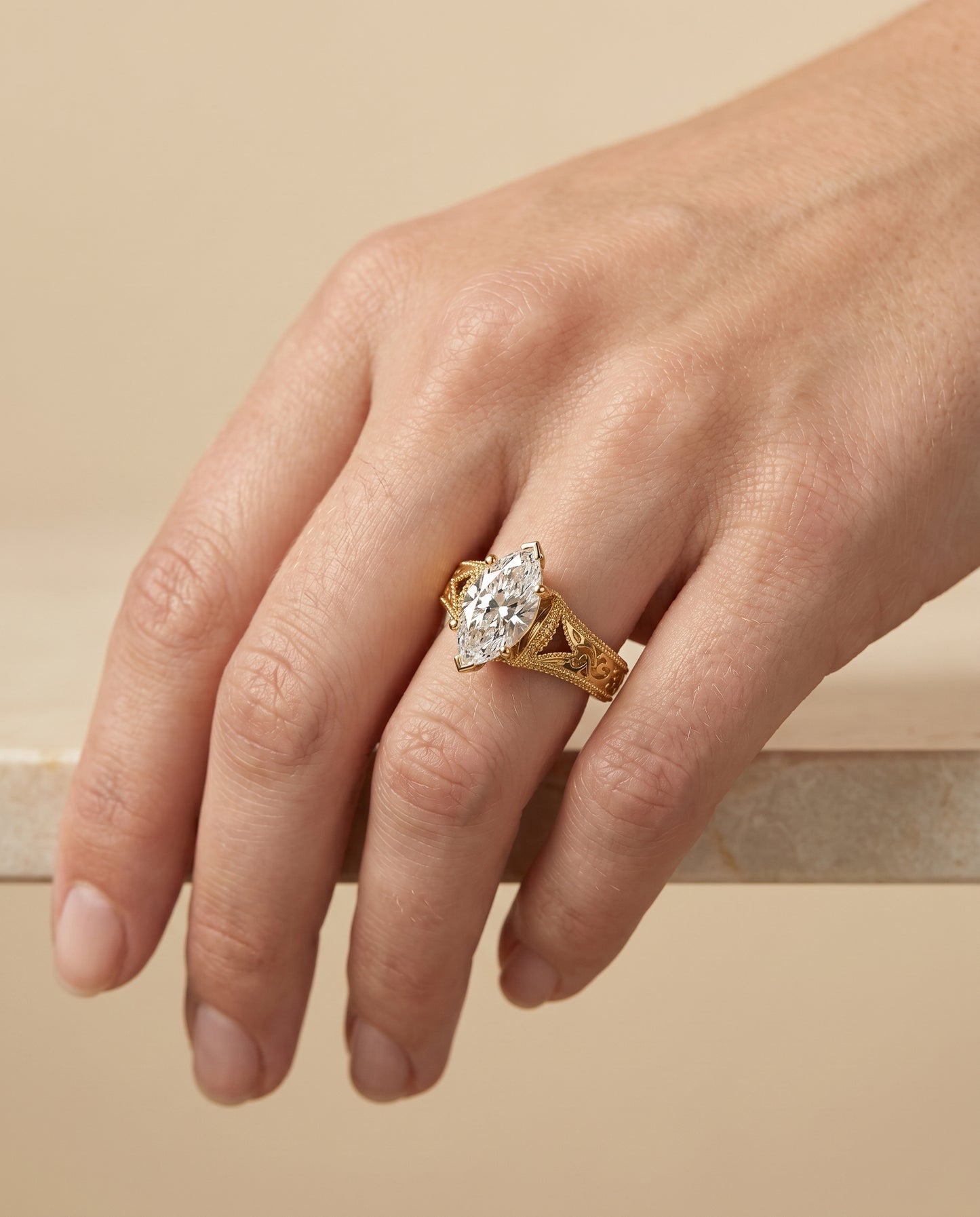 The Janis Vintage Solitaire Engagement Ring Setting for Marquise Diamonds in 18K Yellow Gold