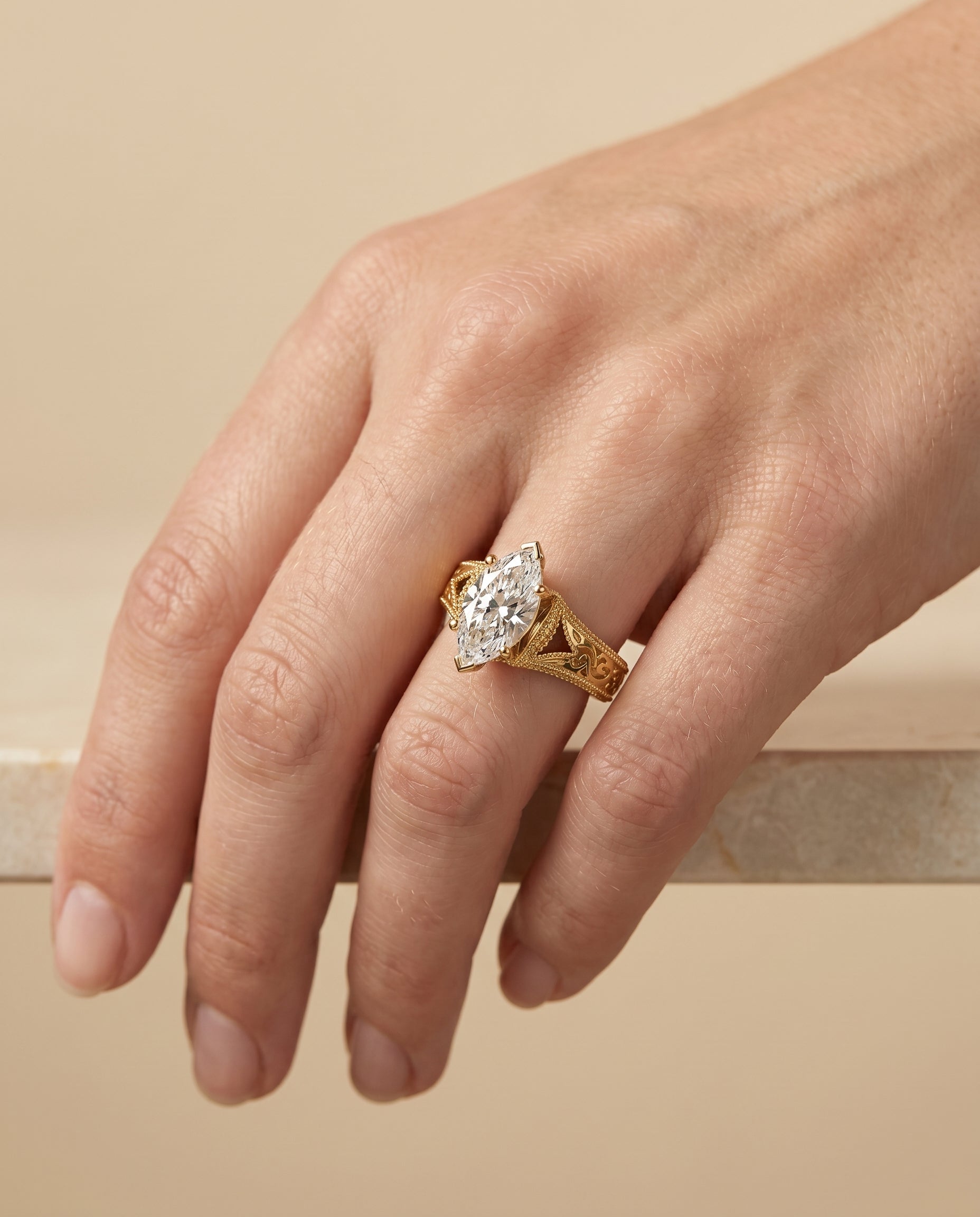The Janis engagement ring setting in 18K Yellow Gold, hand engraved milgrain vintage solitaire design | RockHer