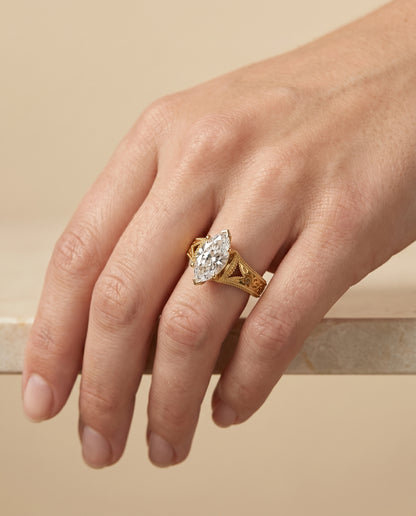 The Janis Hand Engraved Milgrain Vintage Solitaire Marquise Engagement Ring Setting in 18K Yellow Gold