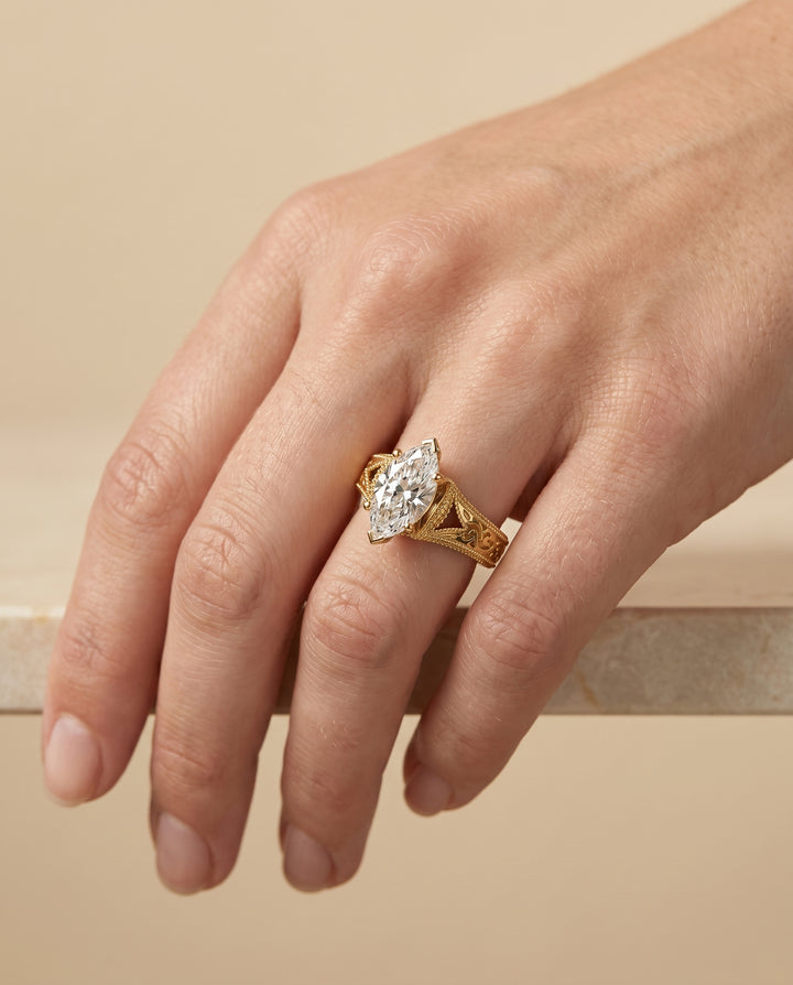 The Janis Vintage Solitaire Engagement Ring Setting for Marquise Diamonds in 18K Yellow Gold