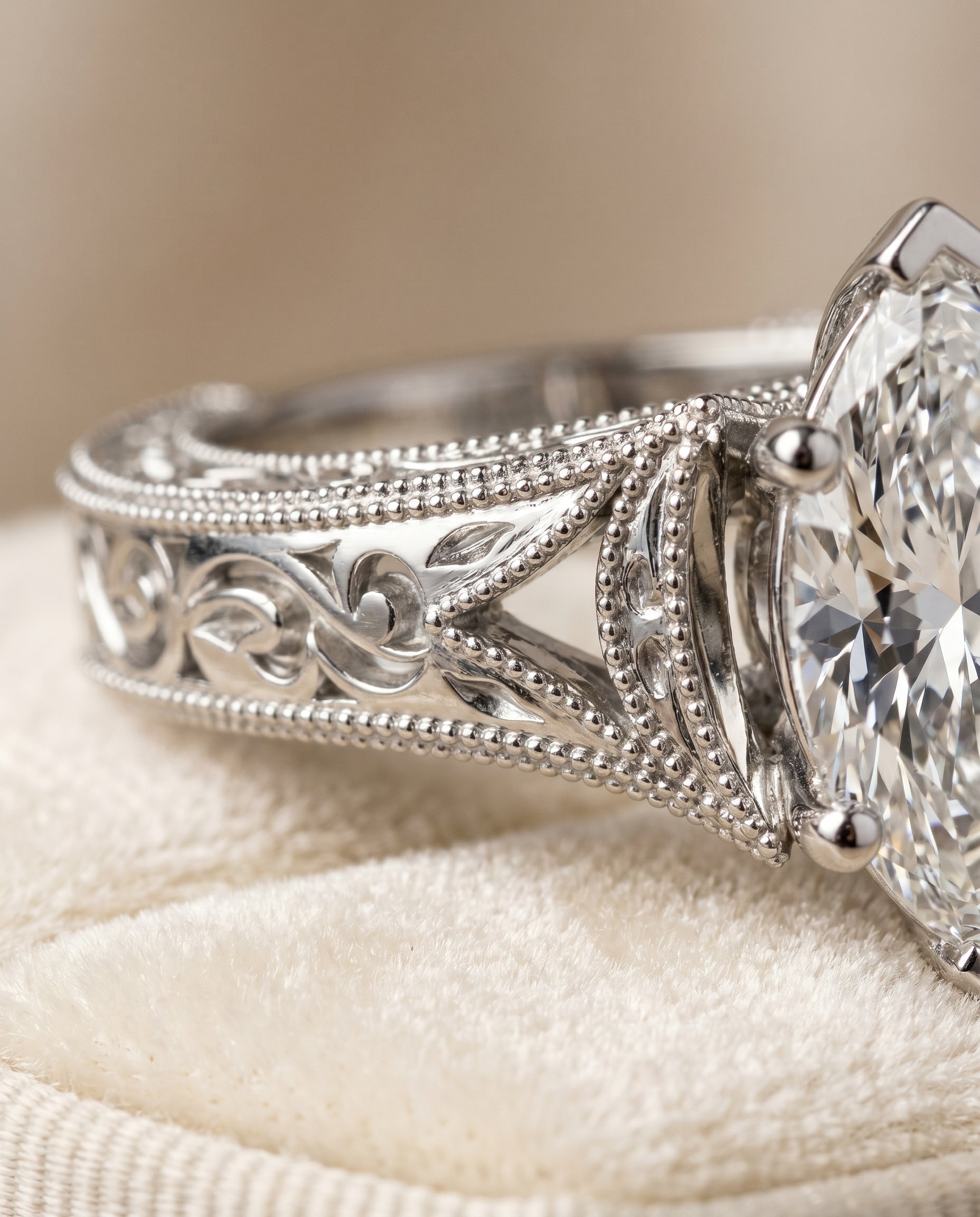 Platinum band of The Janis marquise engagement ring setting | RockHer