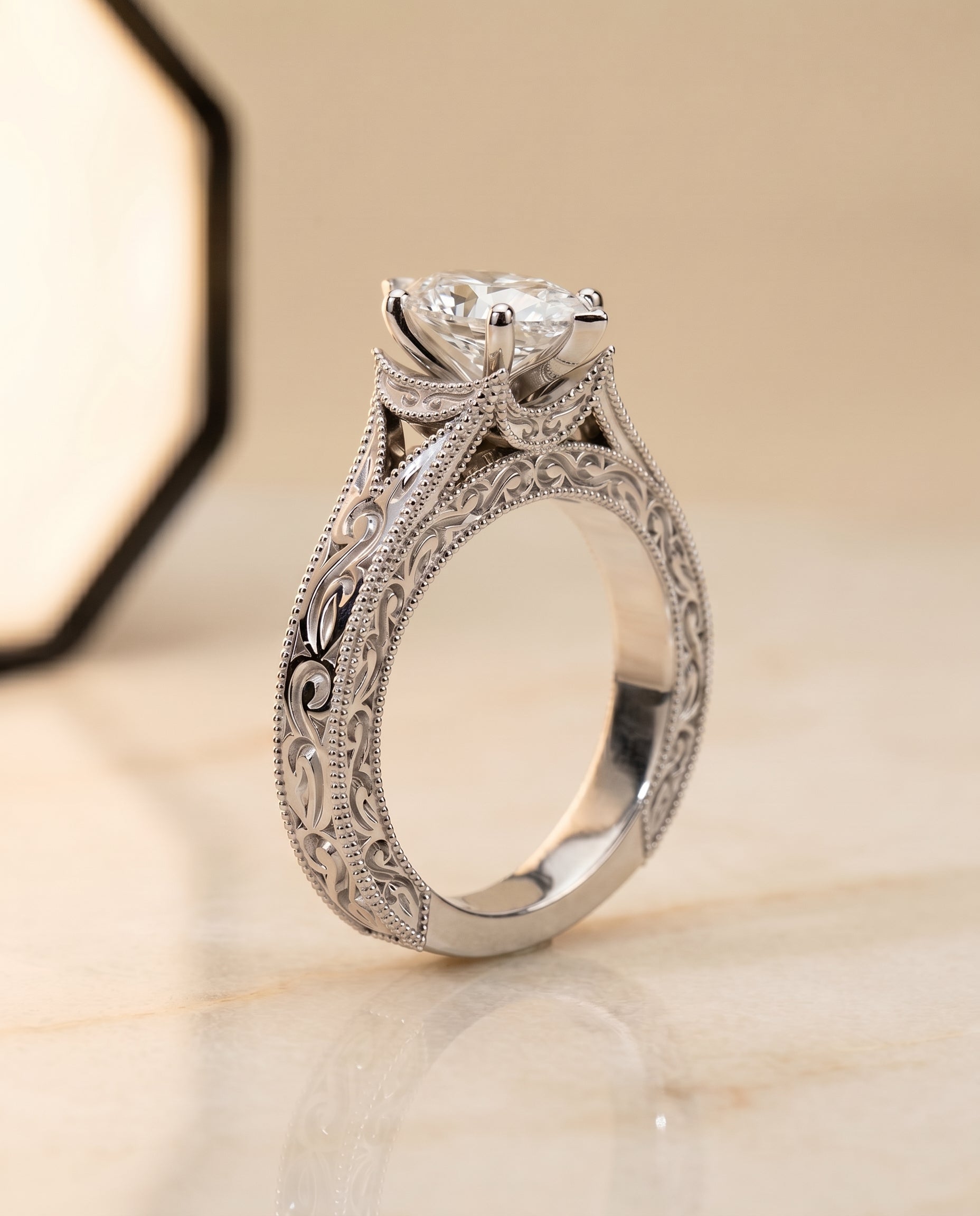 Hand Engraved Milgrain Vintage Solitaire styling on The Janis marquise engagement ring setting | RockHer