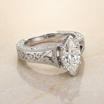The Janis Hand Engraved Milgrain Vintage Solitaire Marquise Engagement Ring Setting in Platinum