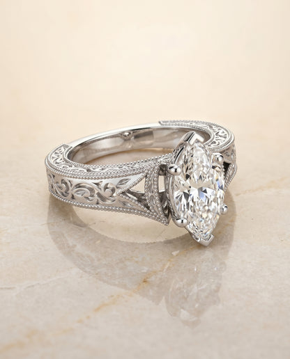 The Janis Hand Engraved Milgrain Vintage Solitaire Marquise Engagement Ring Setting in Platinum