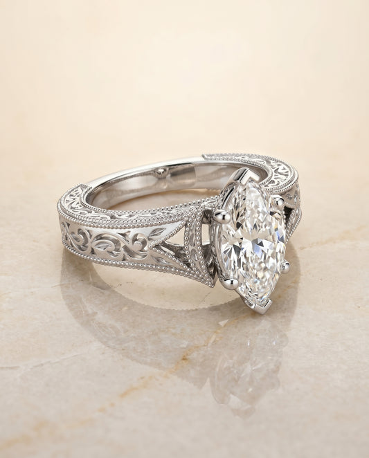 The Janis Vintage Solitaire Engagement Ring Setting for Marquise Diamonds in Platinum