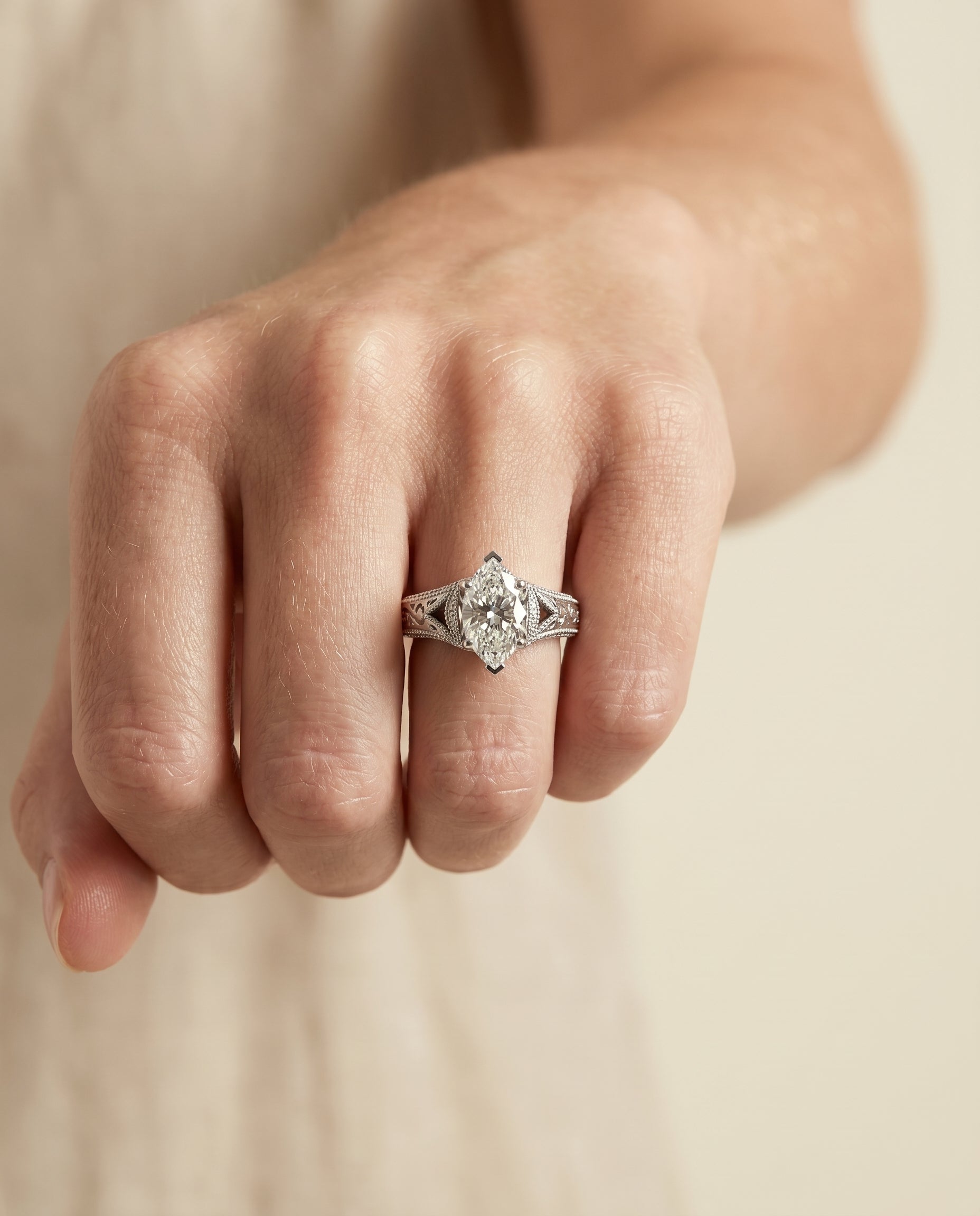The Janis engagement ring setting in Platinum, hand engraved milgrain vintage solitaire design | RockHer