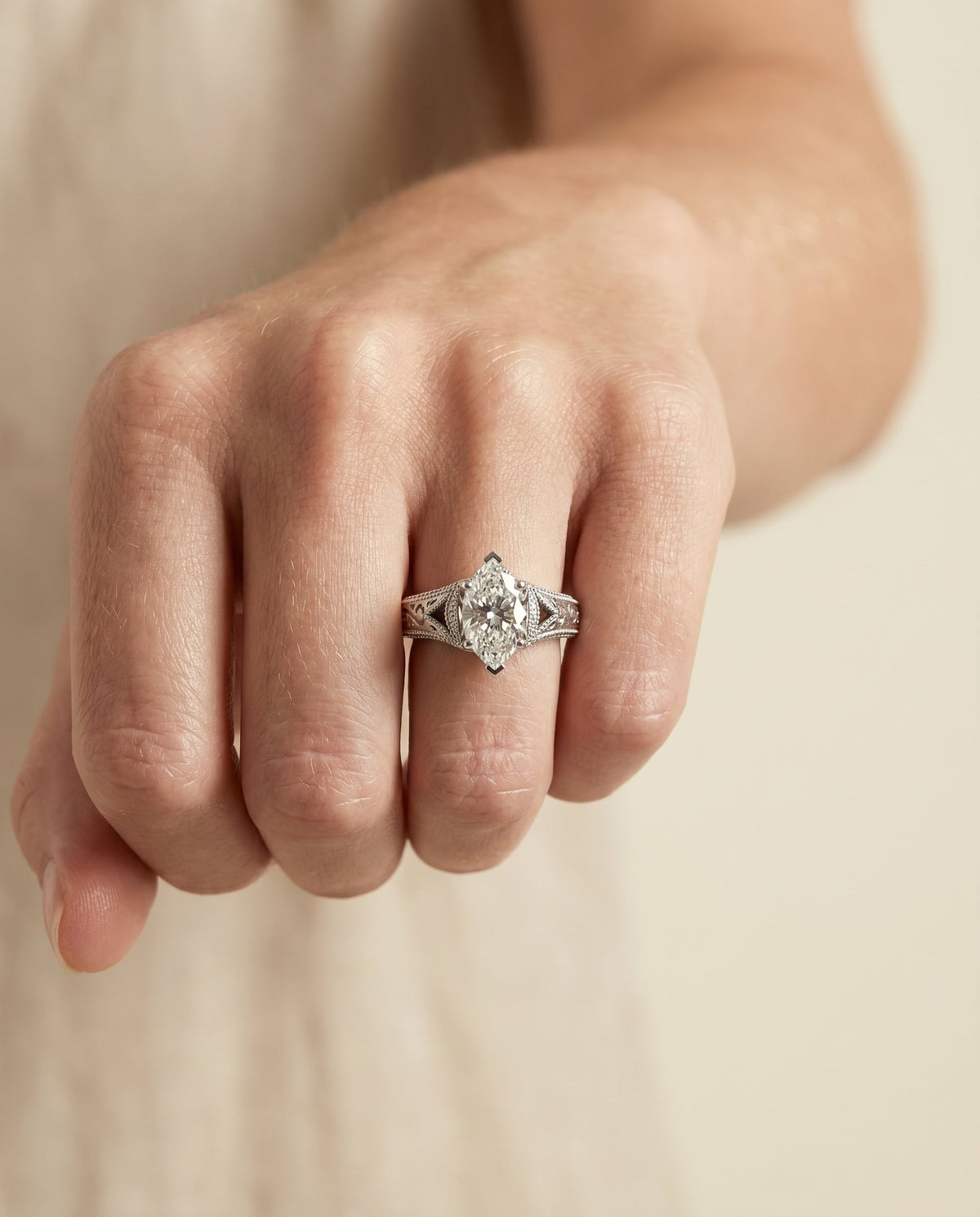 Janis Select Vintage Solitaire Marquise Lab Diamond Engagement Ring in Platinum, shown on hand | RockHer