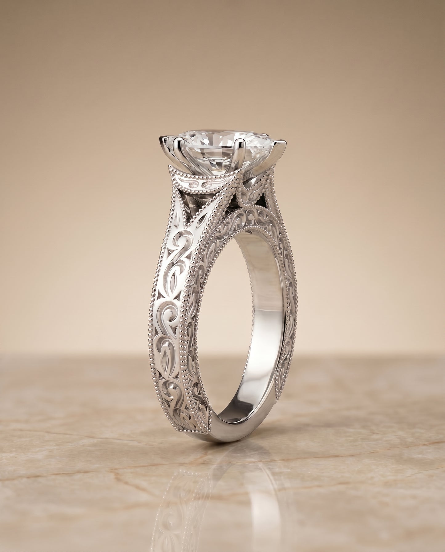 The Janis Hand Engraved Milgrain Vintage Solitaire Marquise Engagement Ring Setting in Platinum