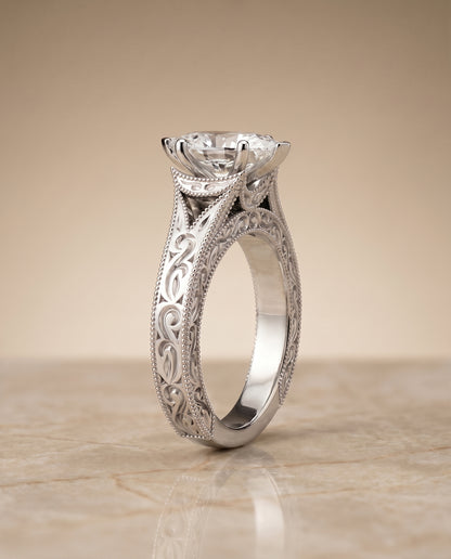 The Janis Hand Engraved Milgrain Vintage Solitaire Marquise Engagement Ring Setting in Platinum