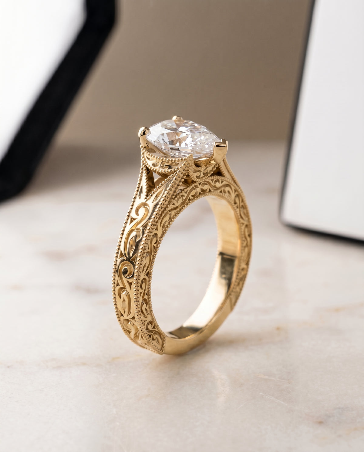 Hand Engraved Milgrain Vintage Solitaire styling on The Janis pear engagement ring setting | RockHer