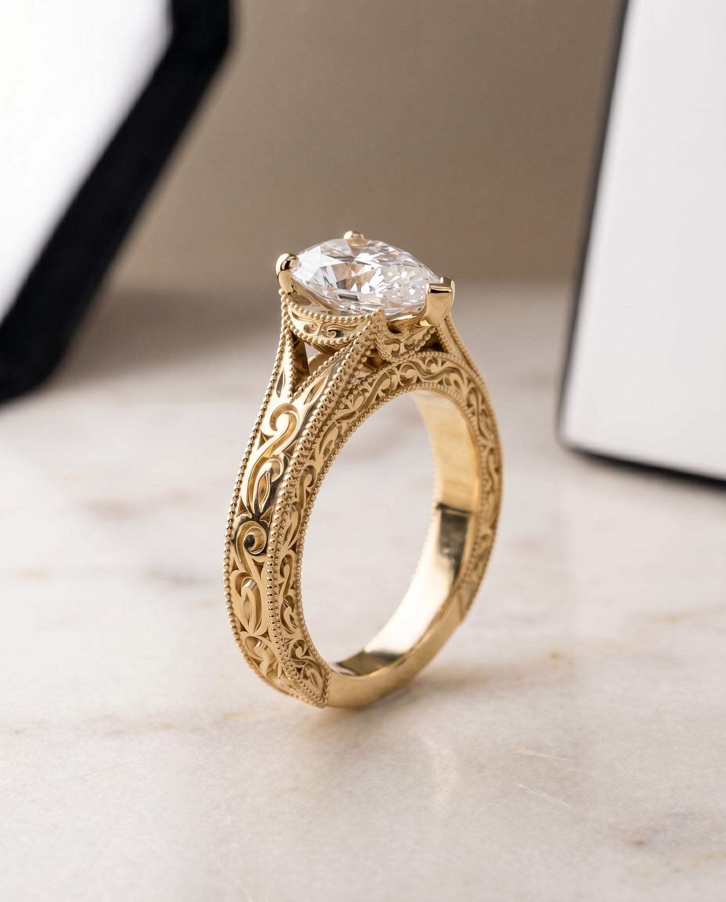 Janis Select Vintage Solitaire Pear Lab Diamond Engagement Ring in 18K Yellow Gold, front view | RockHer