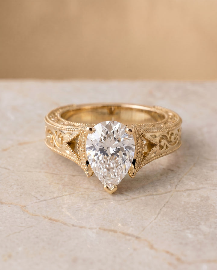 The Janis Hand Engraved Milgrain Vintage Solitaire Pear Engagement Ring Setting in 18K Yellow Gold