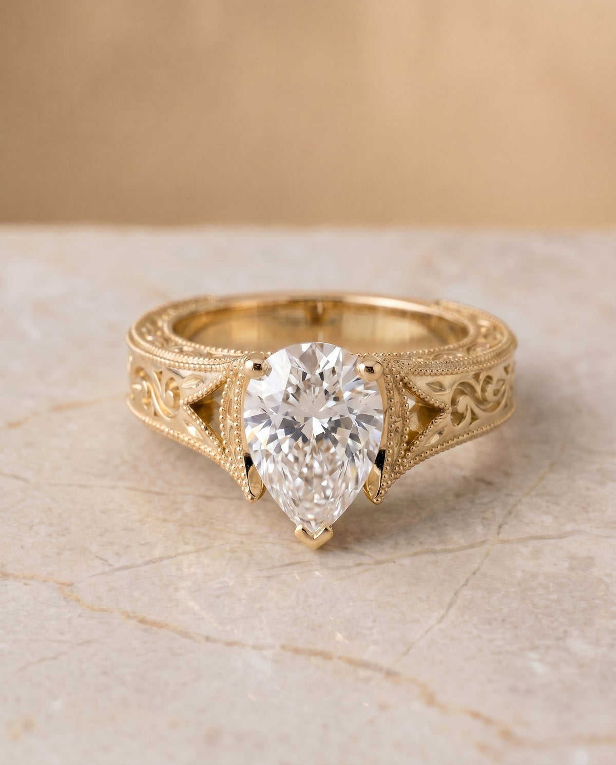 Janis Select Vintage Solitaire Pear Lab Diamond Engagement Ring in 18K Yellow Gold, shown on hand, angled | RockHer