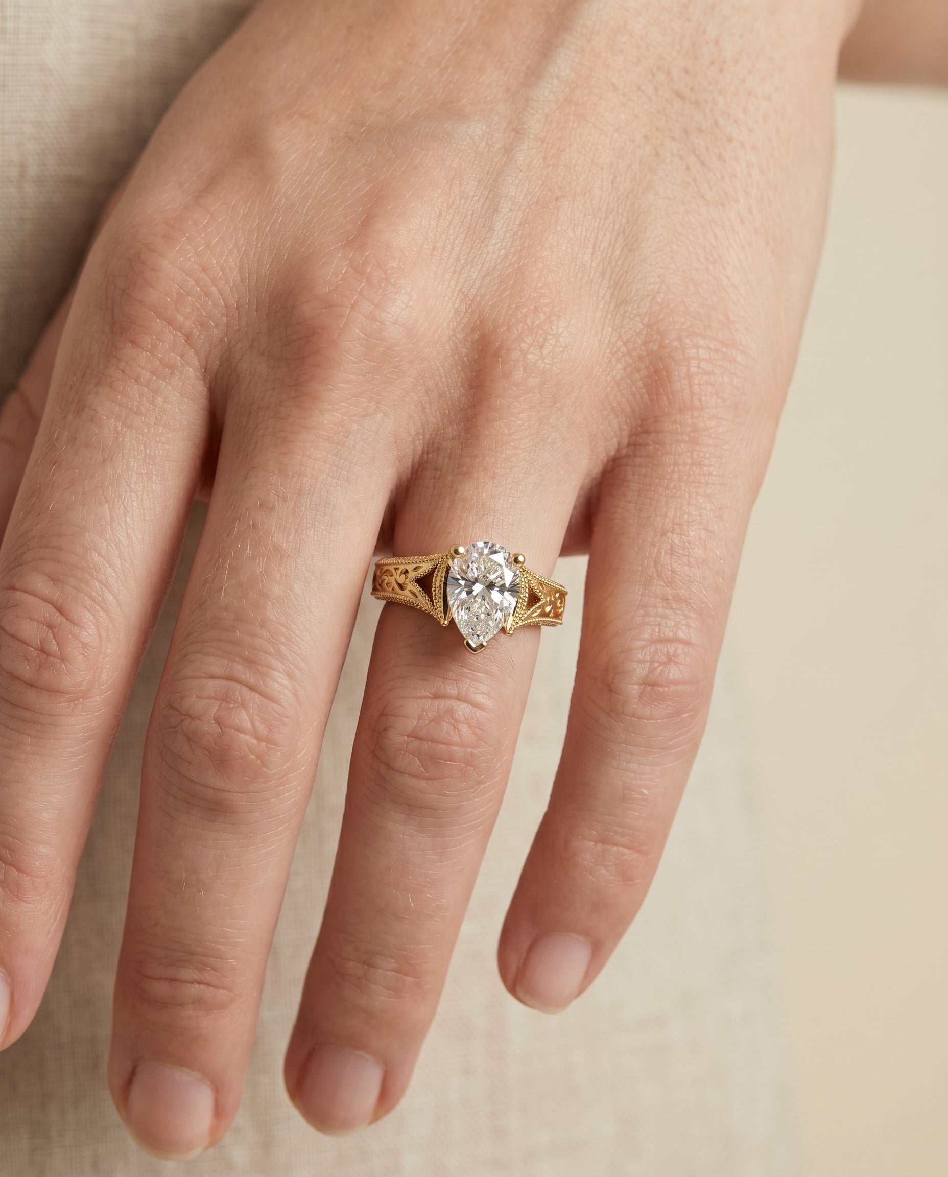 The Janis engagement ring setting in 18K Yellow Gold, hand engraved milgrain vintage solitaire design | RockHer