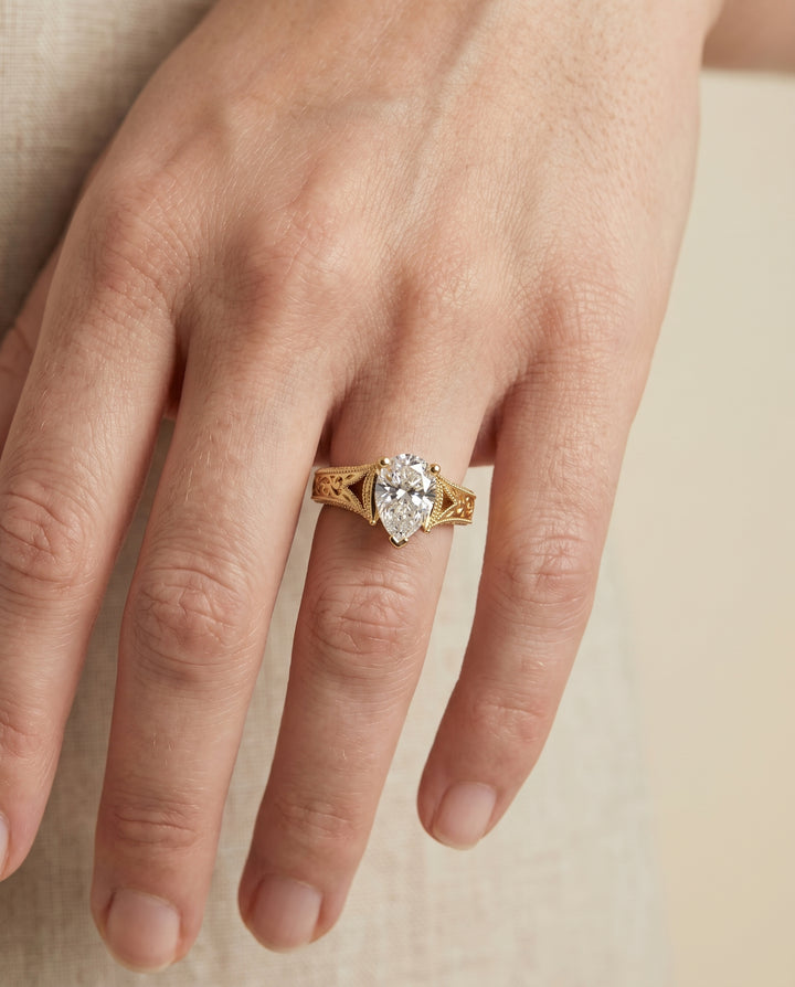 The Janis Hand Engraved Milgrain Vintage Solitaire Pear Engagement Ring Setting in 18K Yellow Gold